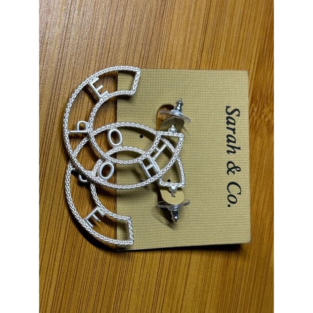 Sarah & Co Silver Tone Cutout HOPE Hoop Earrings Boho Statement Style New
